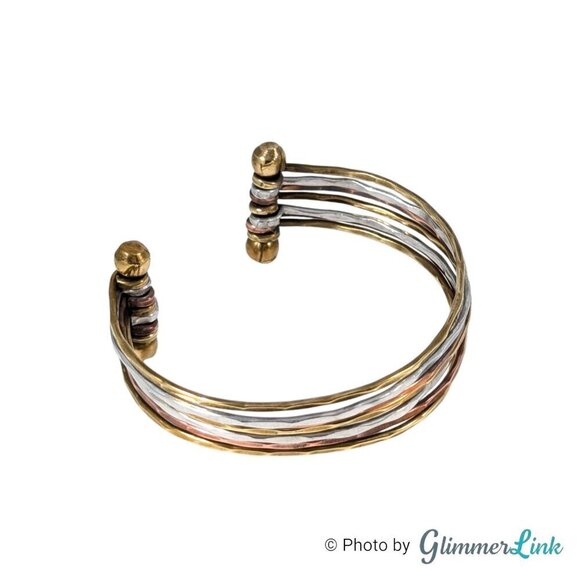 Tri Color 7 Band Hammered Metal Cuff Bracelet - Picture 2 of 8